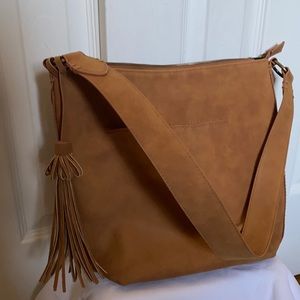 Tan Faux Suede Shoulder Bag w/ Tassel